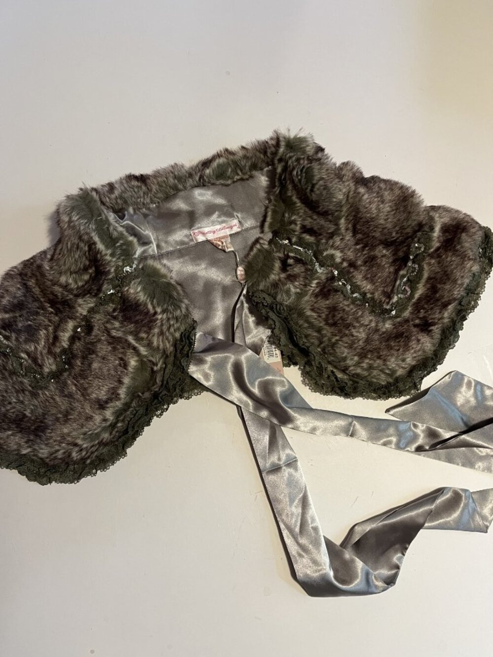 Pretty Angel brown faux fur cape with sequins, olive green lace trim